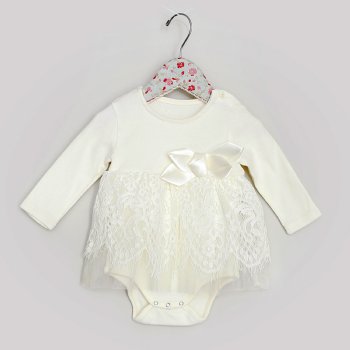 Mae Li Rose "Emily" Lace and Bow Onesie in Ivory