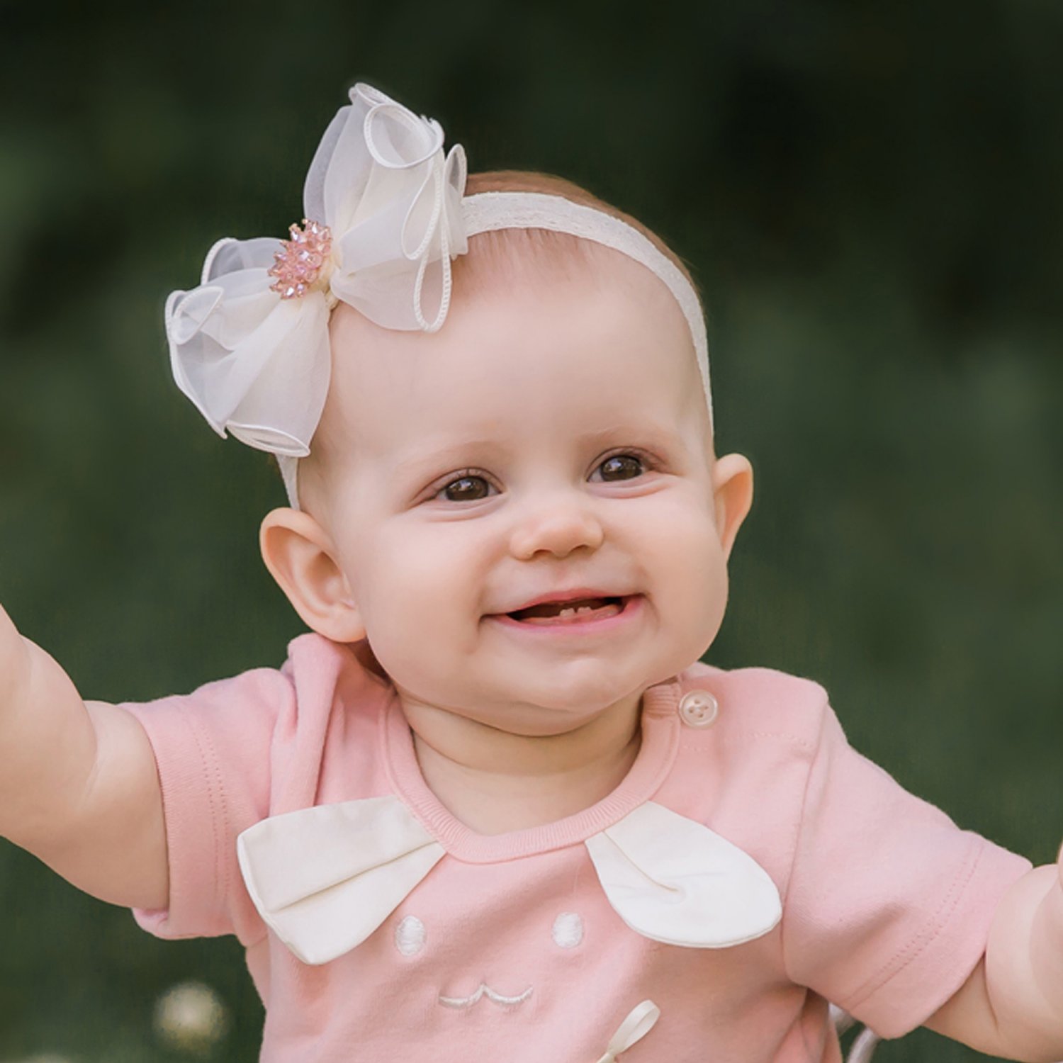 Mae Li Rose Crystal Bow Headband In Ivory Color On Stretch Band