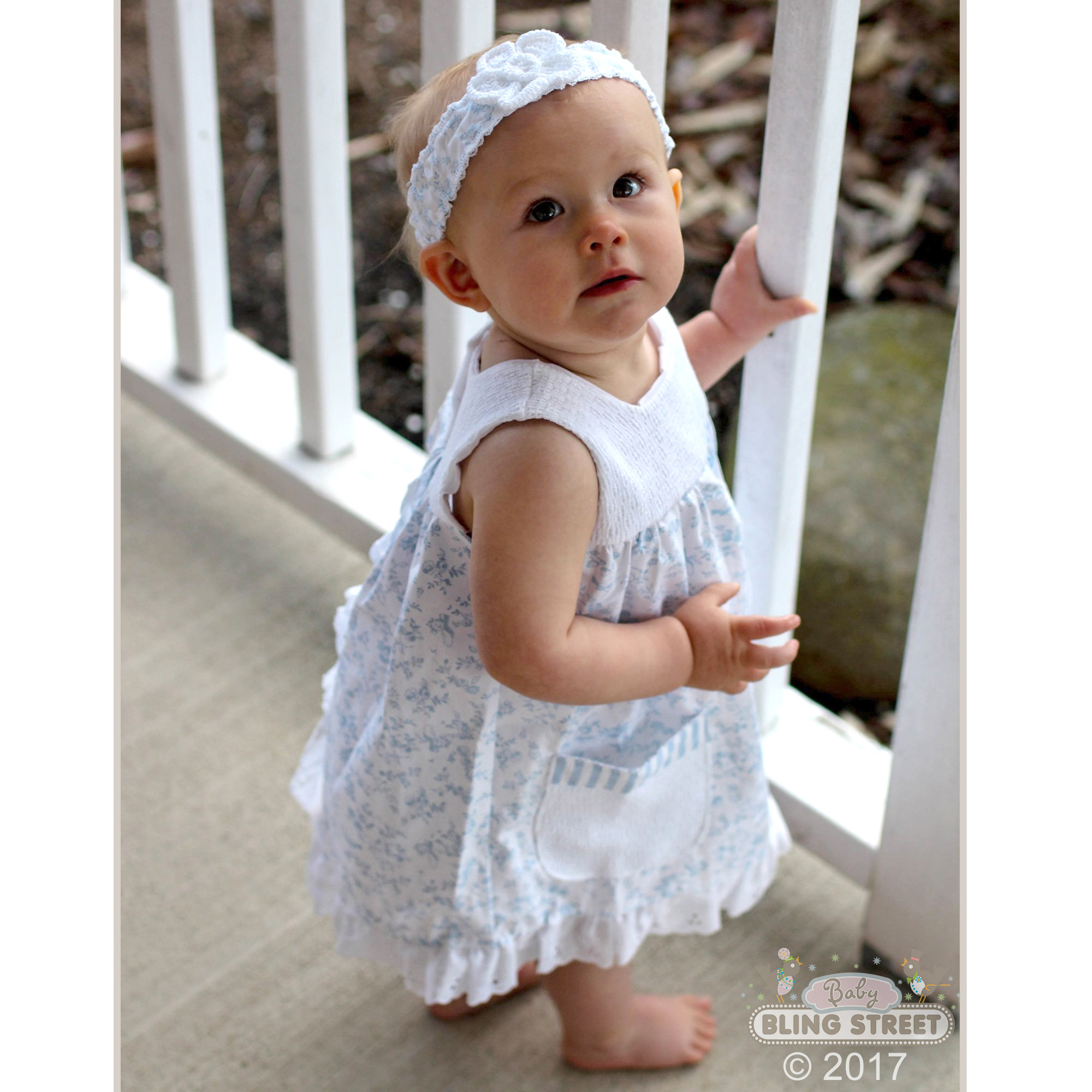 Paty Blue Toile Dress with Eyelett Trim for Baby Girls